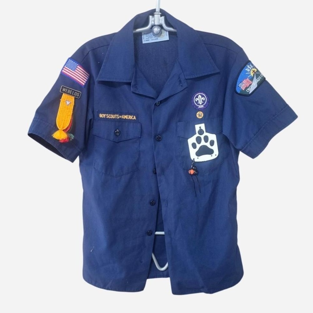 YOUTH VINTAGE BOY SCOUTS OF AMERICA BUTTON UP UNIFORM SHIRT W PENDANTS‎ YOUTH L